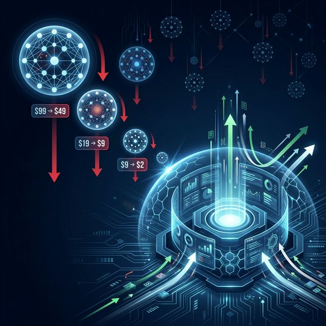 Abstract illustration of AI model costs dropping while a glowing SaaS product maintains its competitive moat