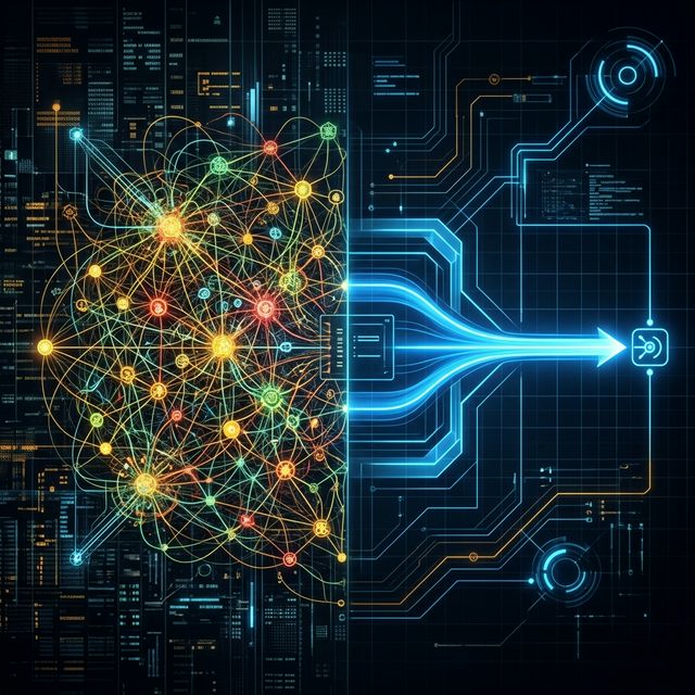 Visual diagram comparing a complex AI orchestration framework to a direct, goal-driven REST architecture