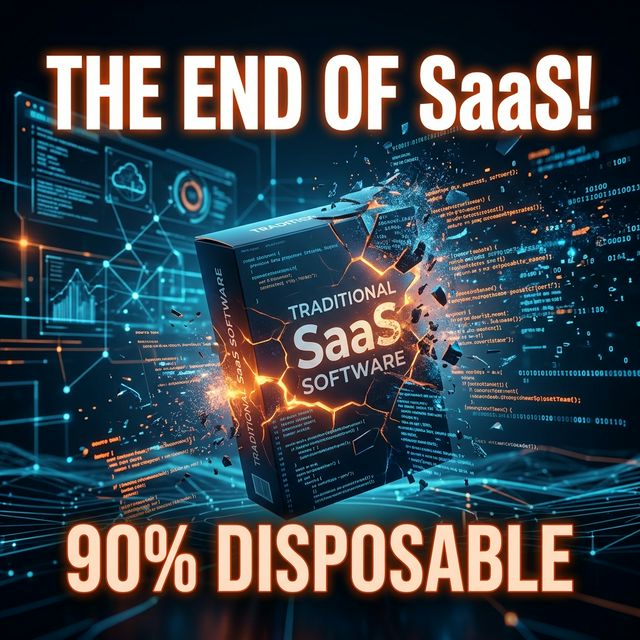 Abstract illustration of traditional boxed software shattering into ephemeral, glowing code snippets and data streams.