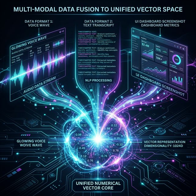 Visual representation of multimodal vectors natively fusing text, waves, and screenshots