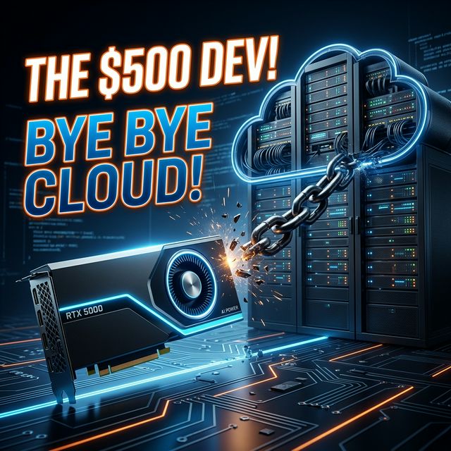 A sleek glowing desktop GPU severing chains that connect it to a massive dark cloud server.