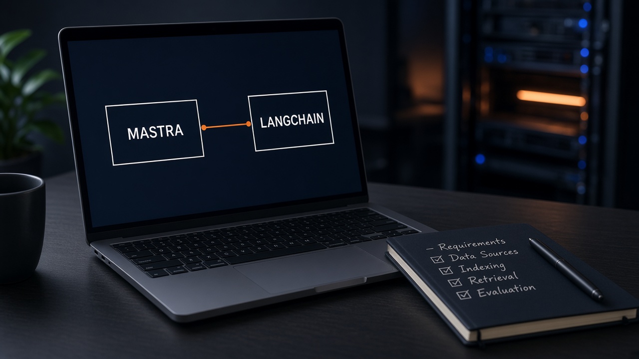 Laptop on a dark desk showing Mastra and LangChain as two connected boxes