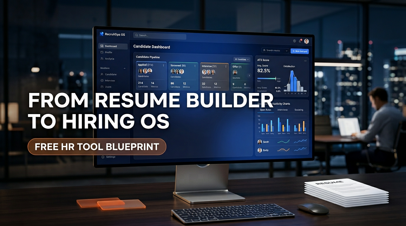 A recruiting operations dashboard with the headline From Resume Builder to Hiring OS and Free HR Tool Blueprint.