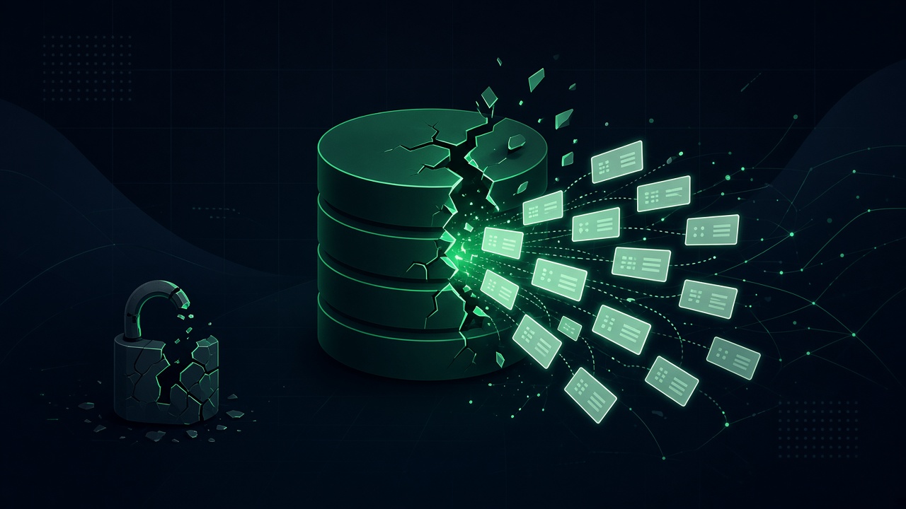 Cracked database spilling records beside a broken padlock